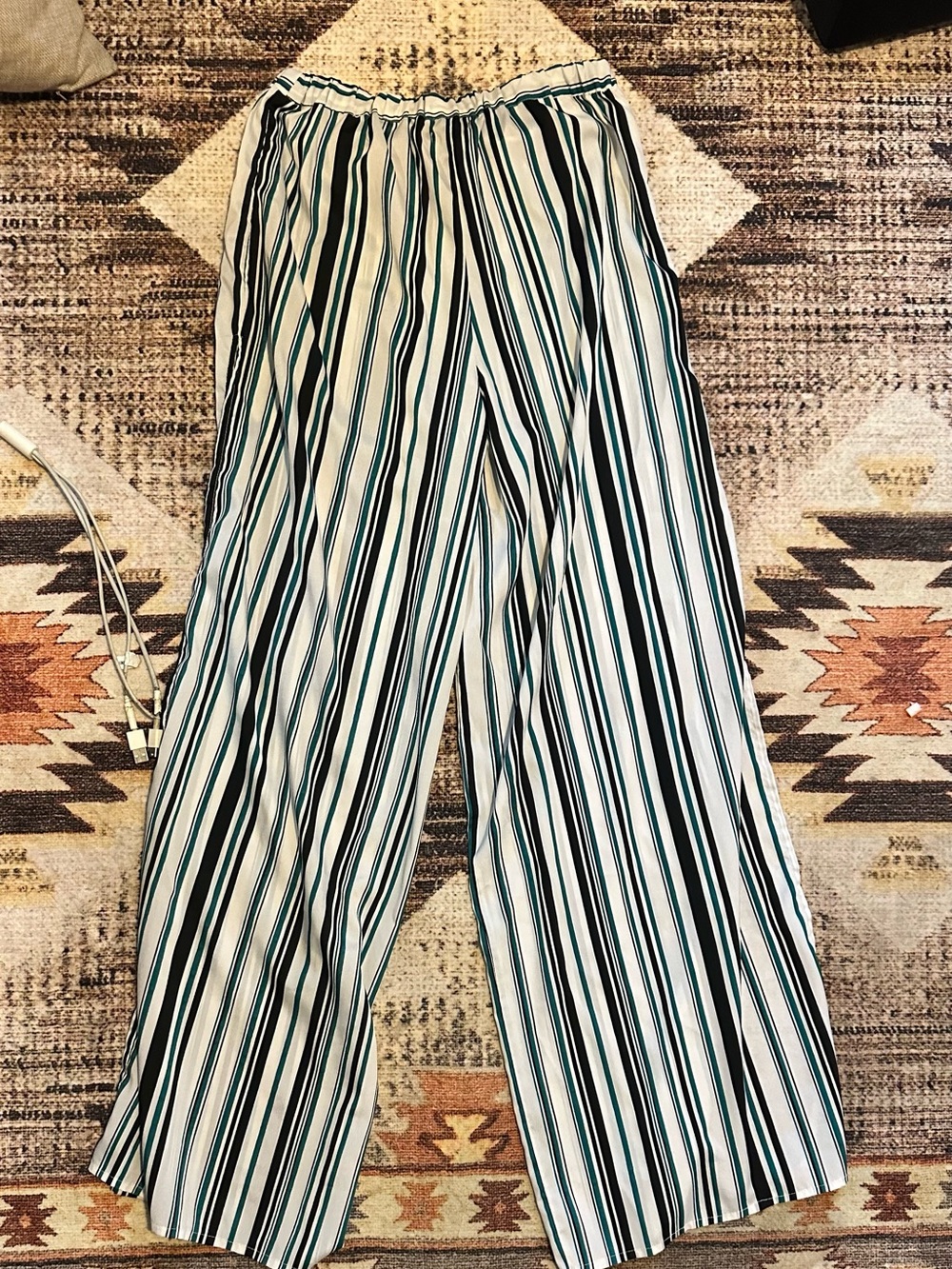Boohoo Cream Wide-Leg Striped Pants with Black & Teal Stripes